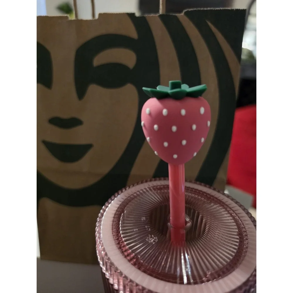Starbucks Pink Ribbed Tumbler Cup w/ Strawberry Straw Topper & Lid New